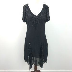 NWT Jkara Black Bead Embellished Fringe Midi Dress